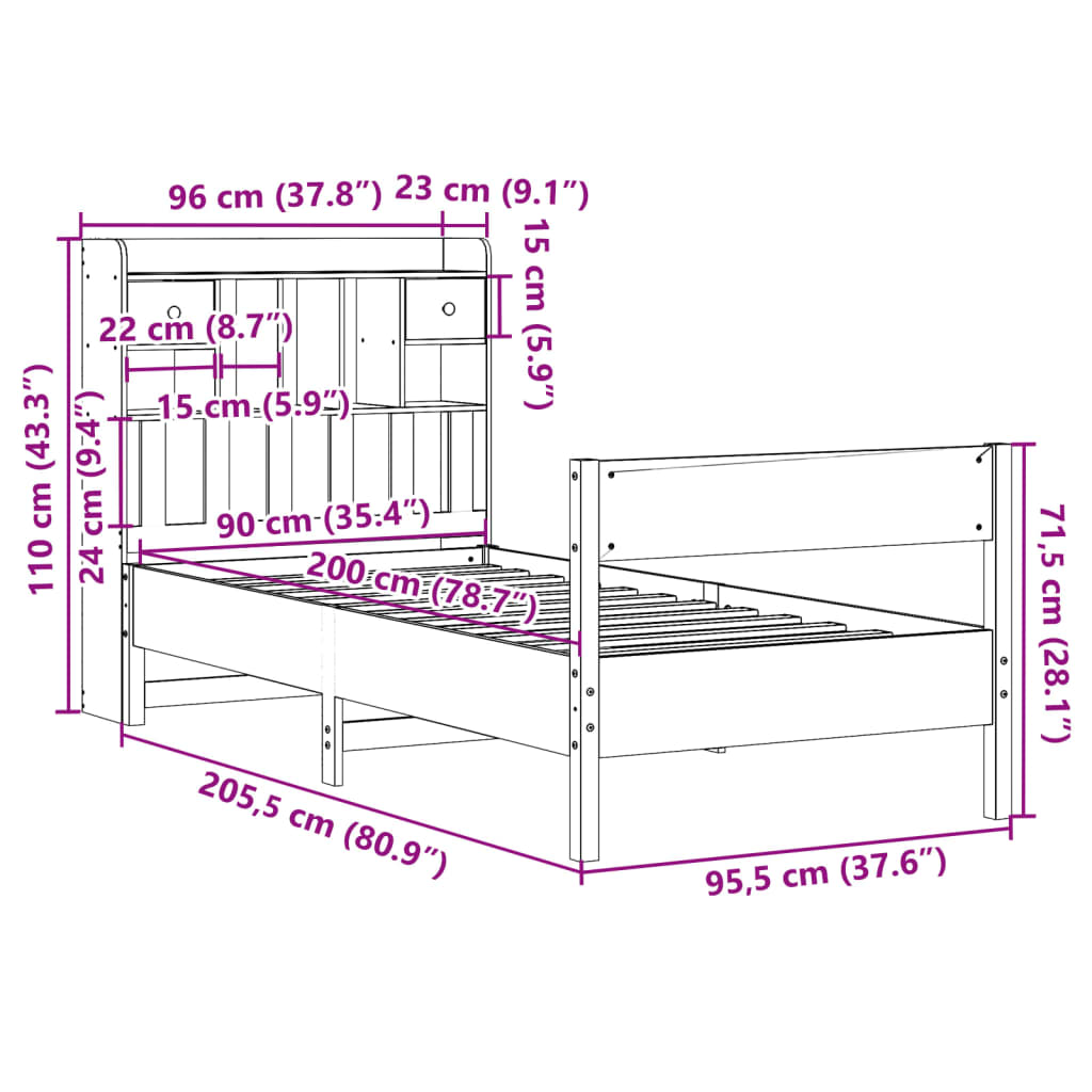 Säng med bokhylla utan madrass 90x200cm massiv furu