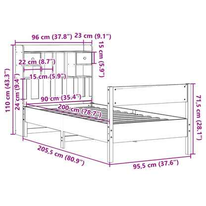 Säng med bokhylla utan madrass 90x200cm massiv furu