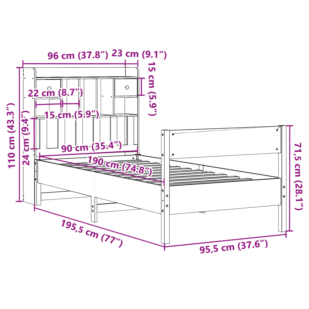 Säng med bokhylla utan madrass 90x190cm massiv furu