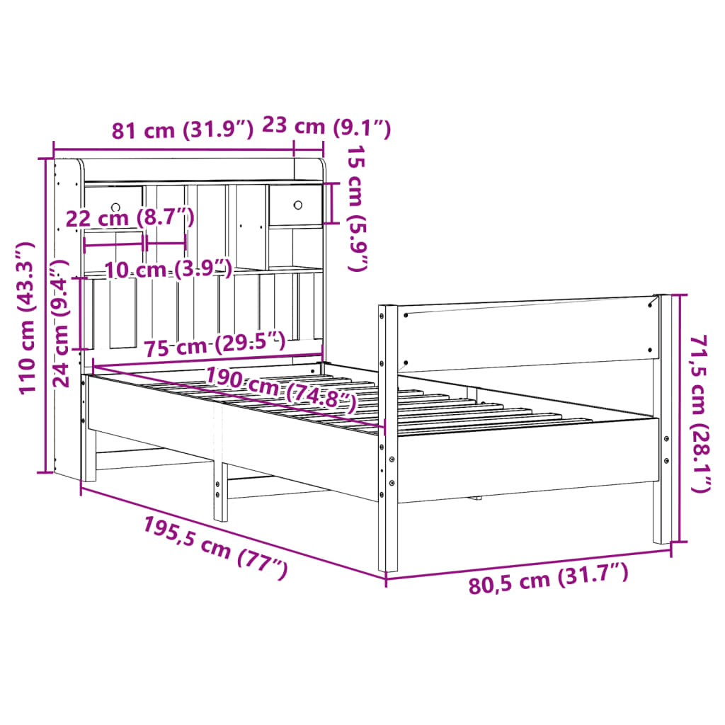 Säng med bokhylla utan madrass vaxbrun 75x190 cm massiv furu