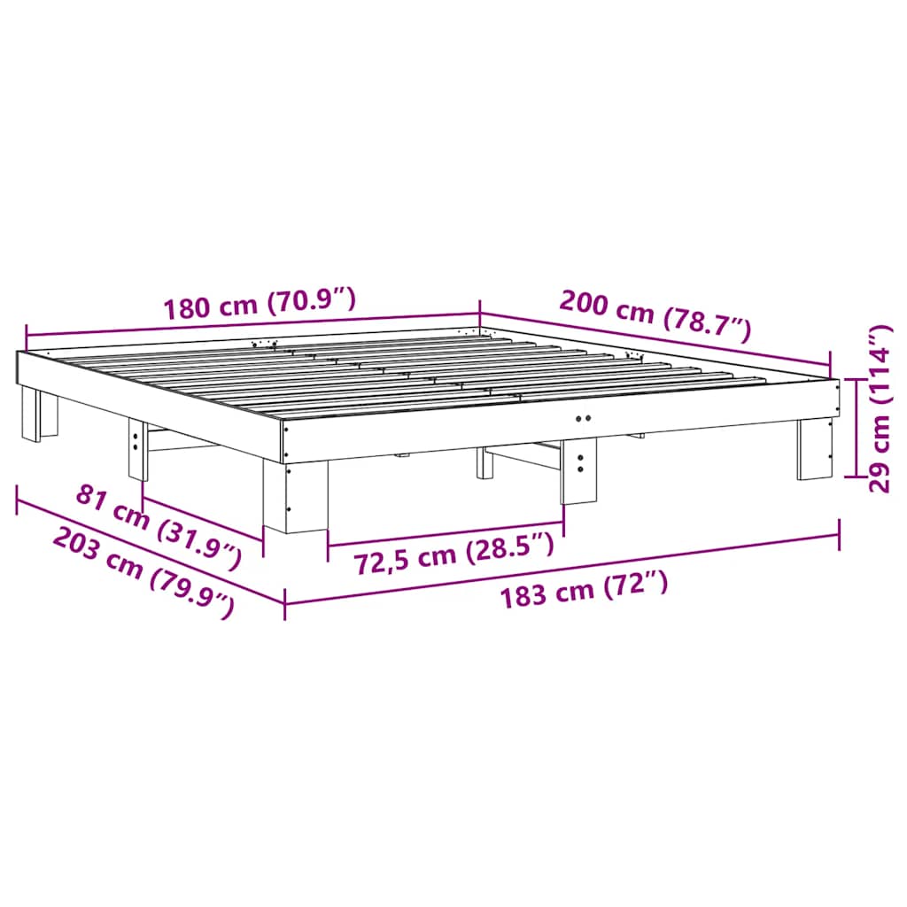 Sängram utan madrass 180x200 cm massiv trä ek