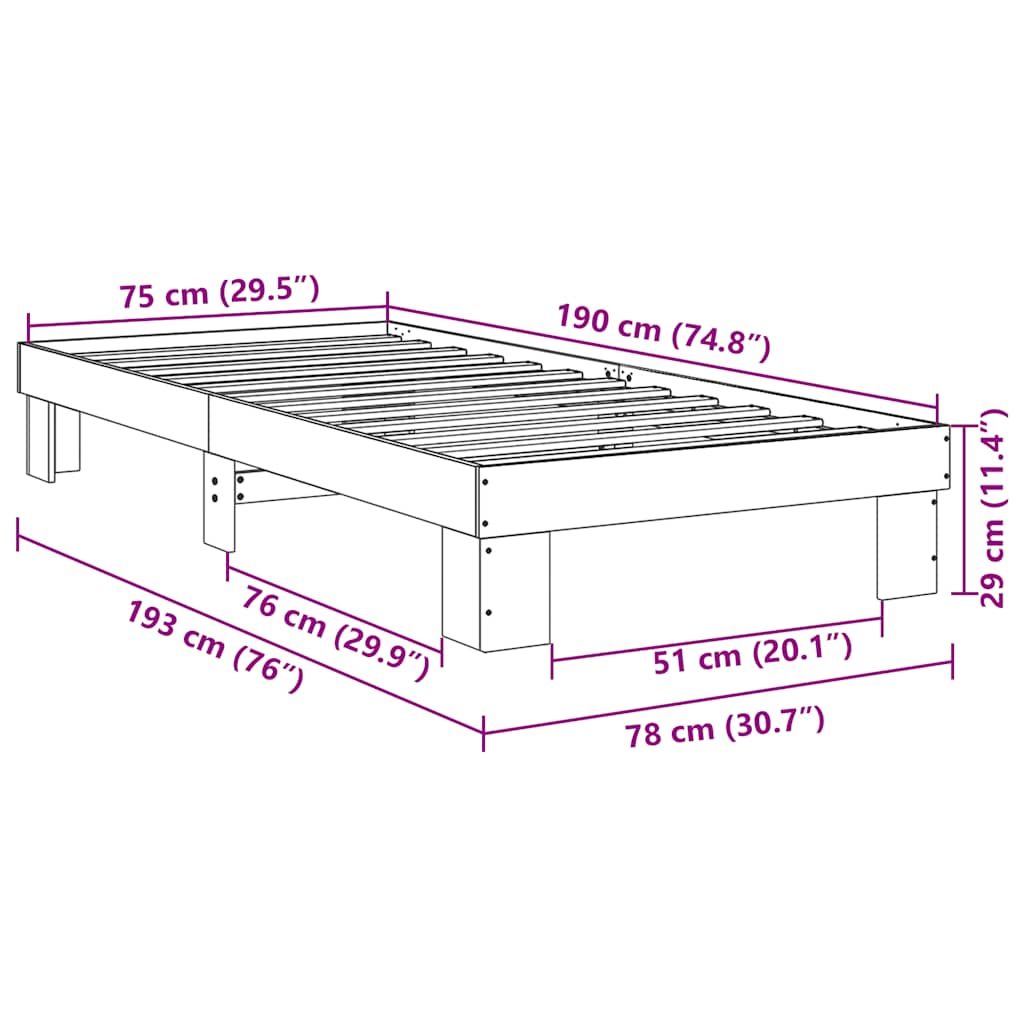 Sängram utan madrass 75x190 cm massiv trä ek