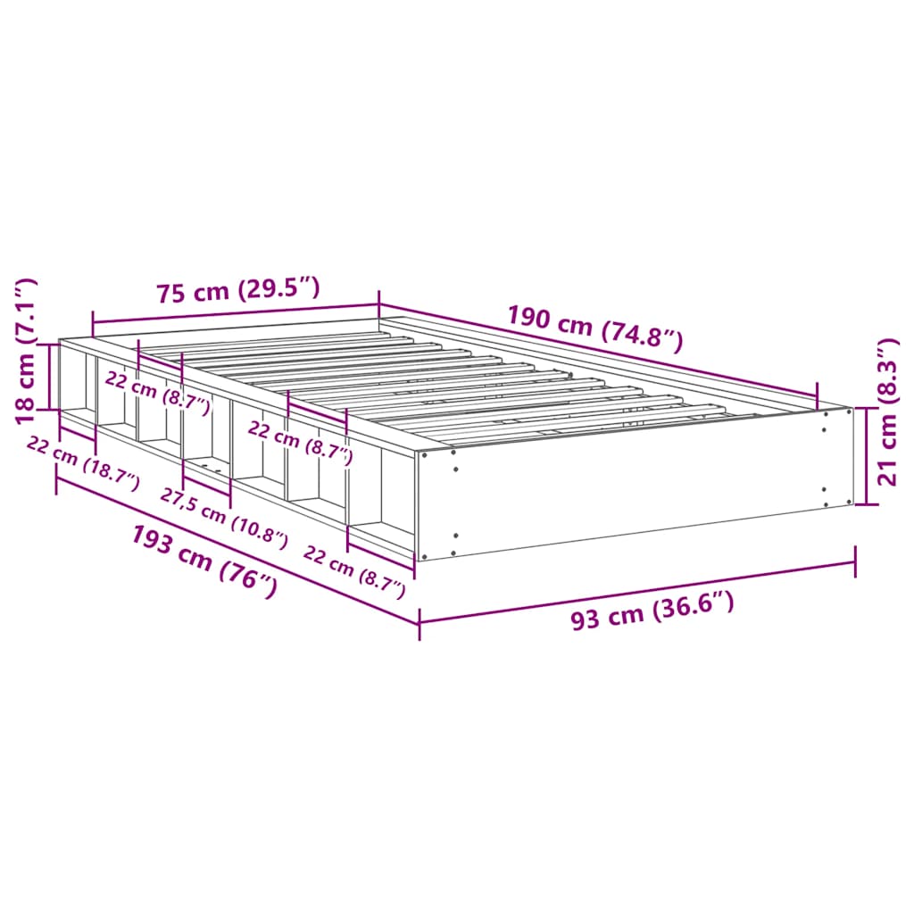 Sängram utan madrass 75x190 cm massiv trä ek