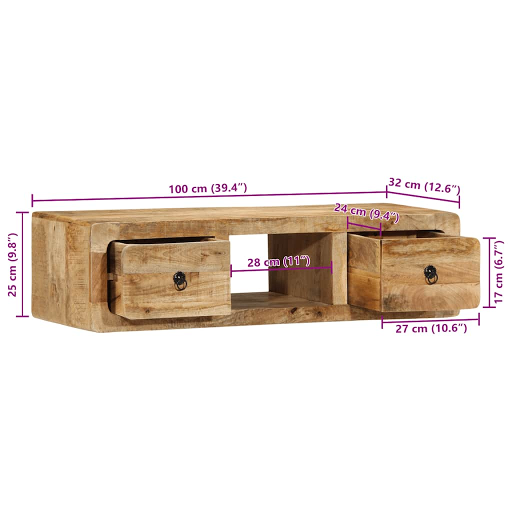 Vägghängt TV-skåp 100x32x25 cm massivt trä grov mango