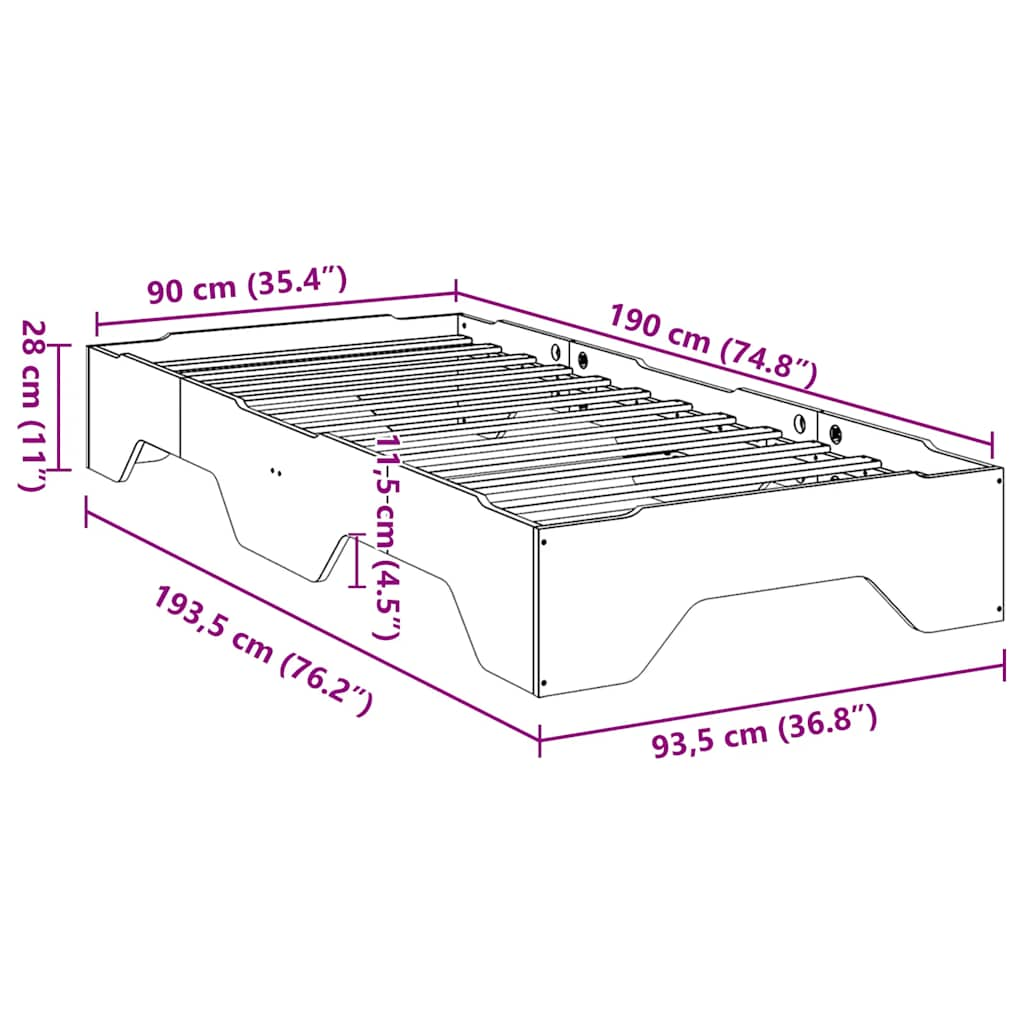 Sängram utan madrass stapelbar 90x190 cm massivt trä