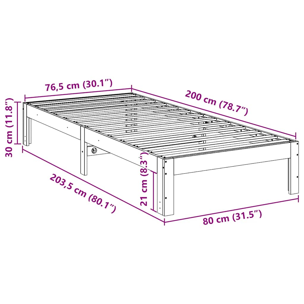 Sängram utan madrass vaxbrun 80x200 cm massiv furu