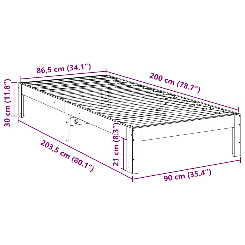 Sängram utan madrass 90x200 cm massiv furu