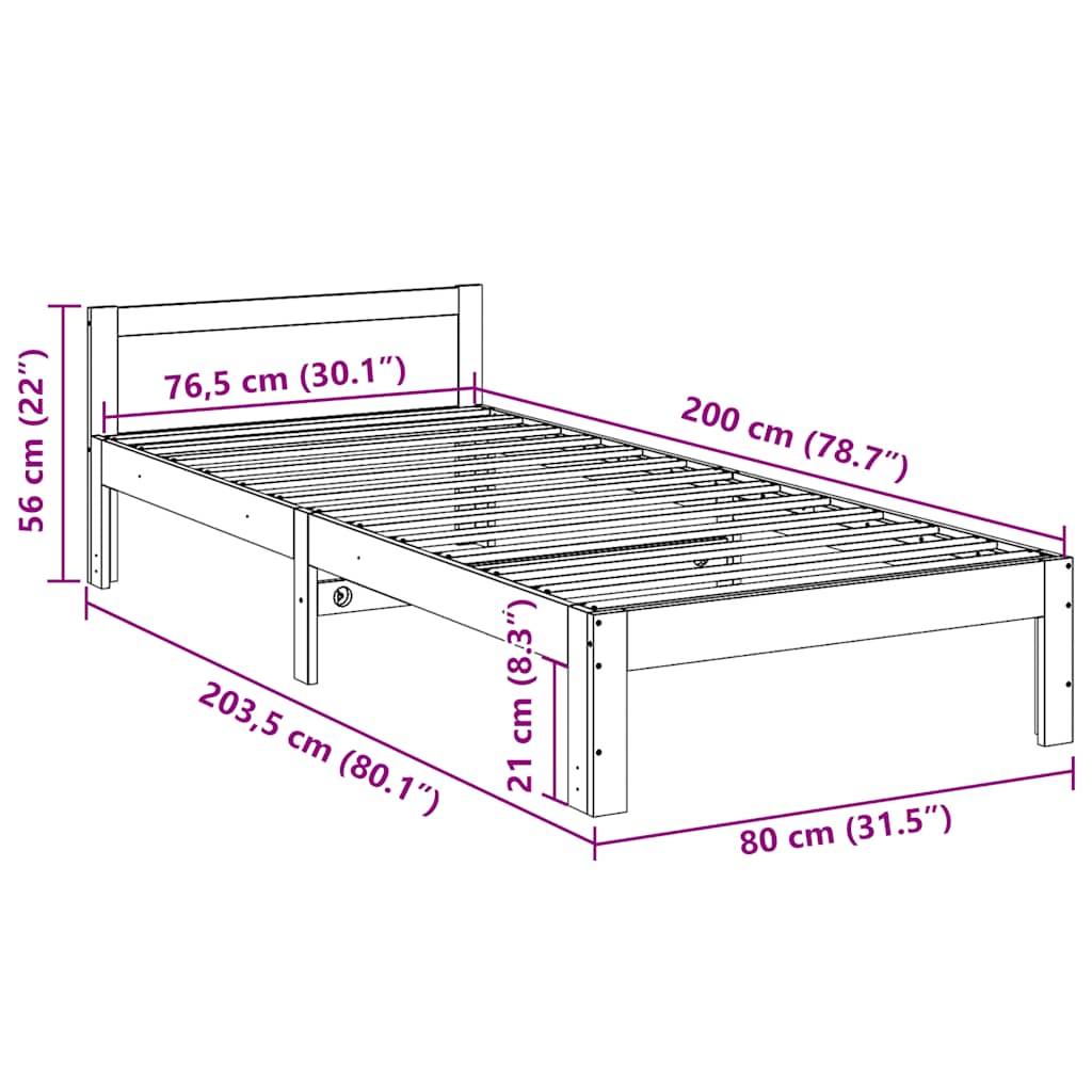 Sängram utan madrass 80x200 cm massiv furu