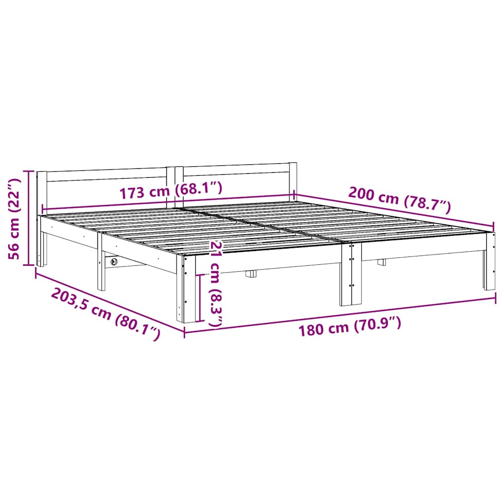 Sängram utan madrass vaxbrun 180x200 cm massiv furu