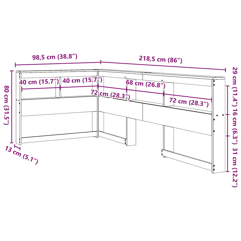 Bokhylla sänggavel L-formad 80 cm massiv furu