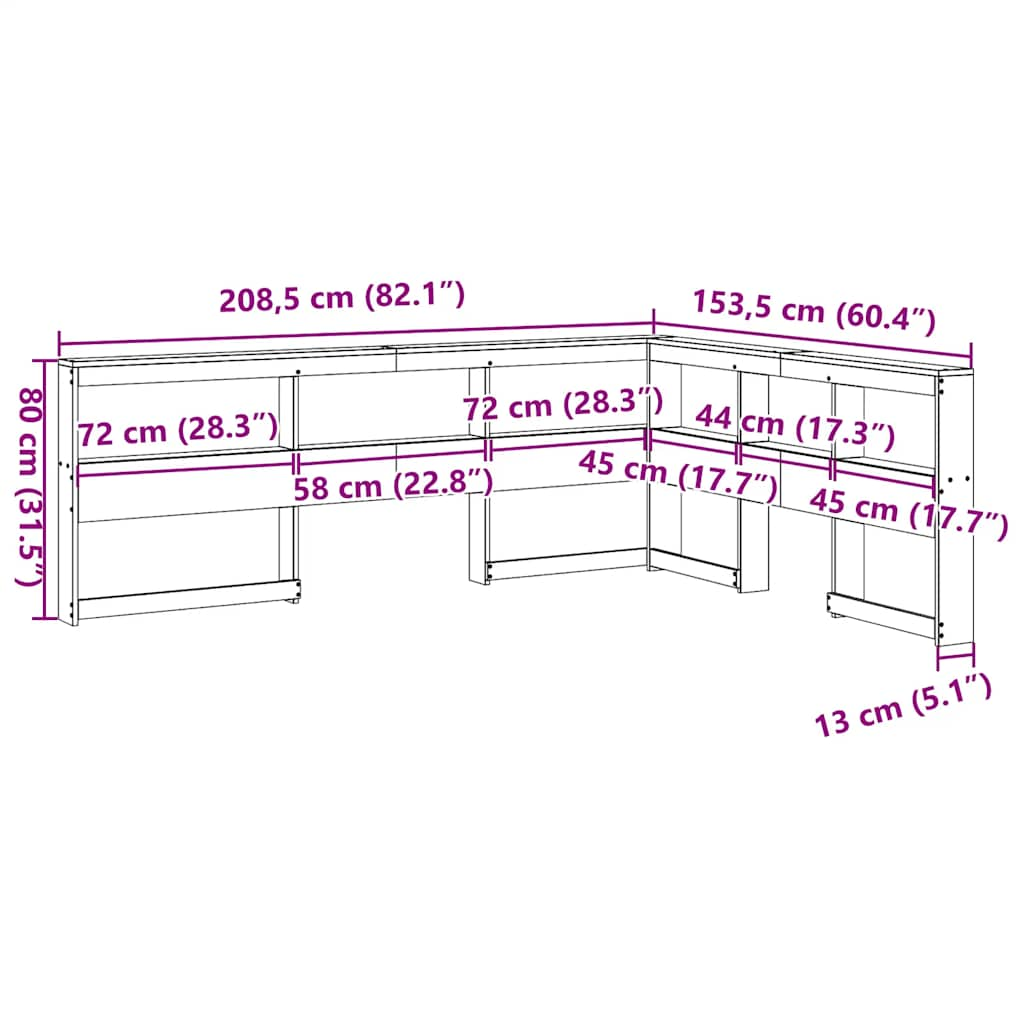 Bokhylla sänggavel L-formad vaxbrun 135 cm massiv furu