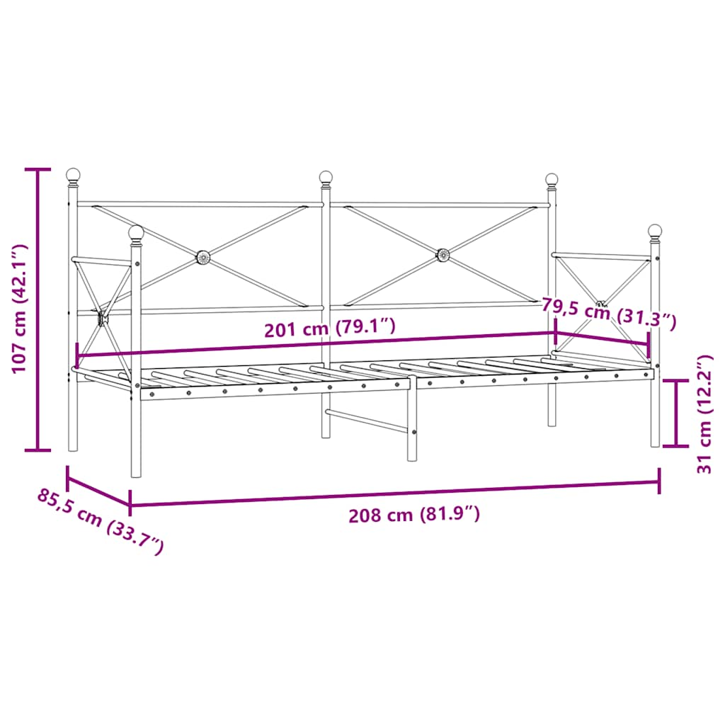 Dagbädd utan madrass svart 80x200 cm stål