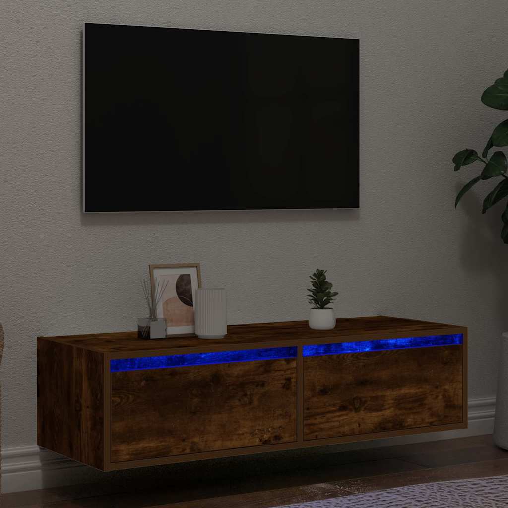 Tv-bänk med LED-belysning rökfärgad ek 100X35,5x25 cm