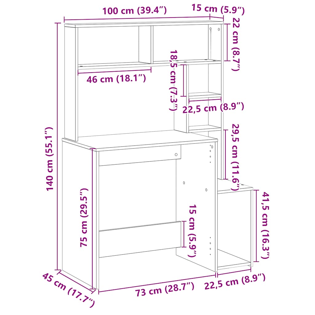 Skrivbord med hyllor rökfärgad ek 100x45x140 cm konstruerat trä