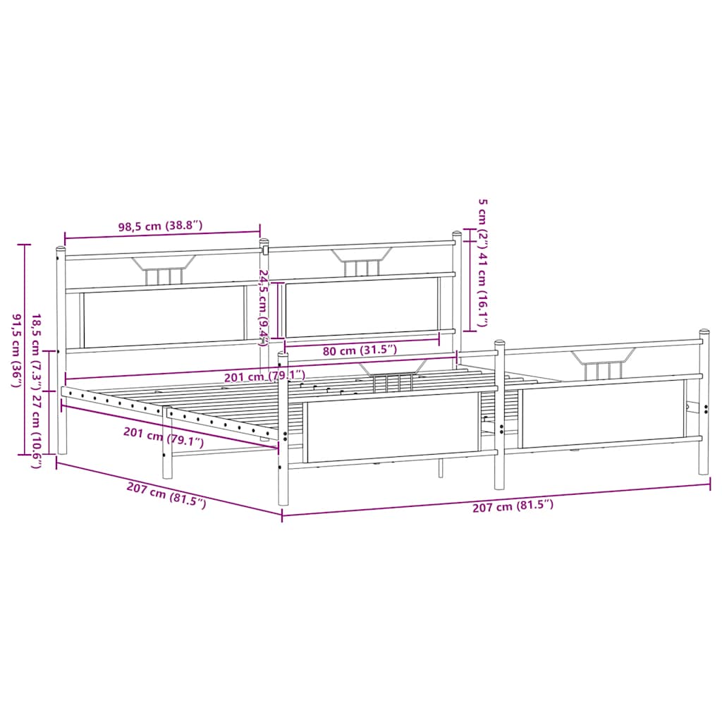 Sängram utan madrass metall rökfärgad ek 200x200 cm