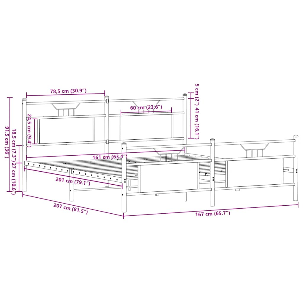 Sängram utan madrass metall sonoma-ek 160x200 cm