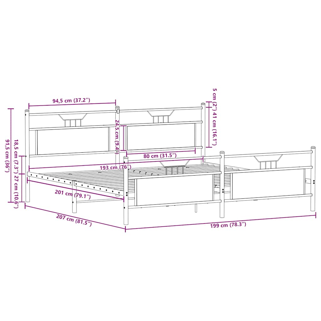 Sängram utan madrass metall sonoma-ek 193x203 cm