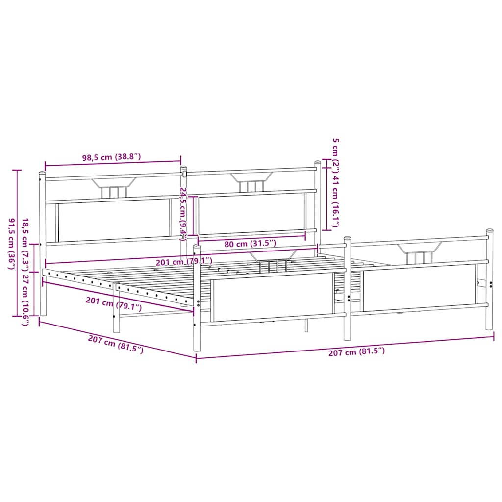 Sängram utan madrass metall sonoma-ek 200x200 cm