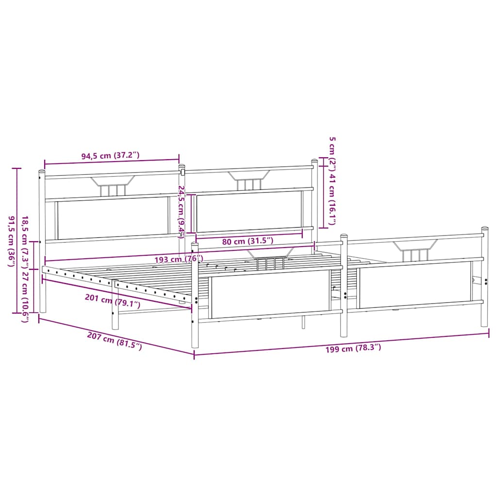 Sängram utan madrass metall brun ek 193x203 cm