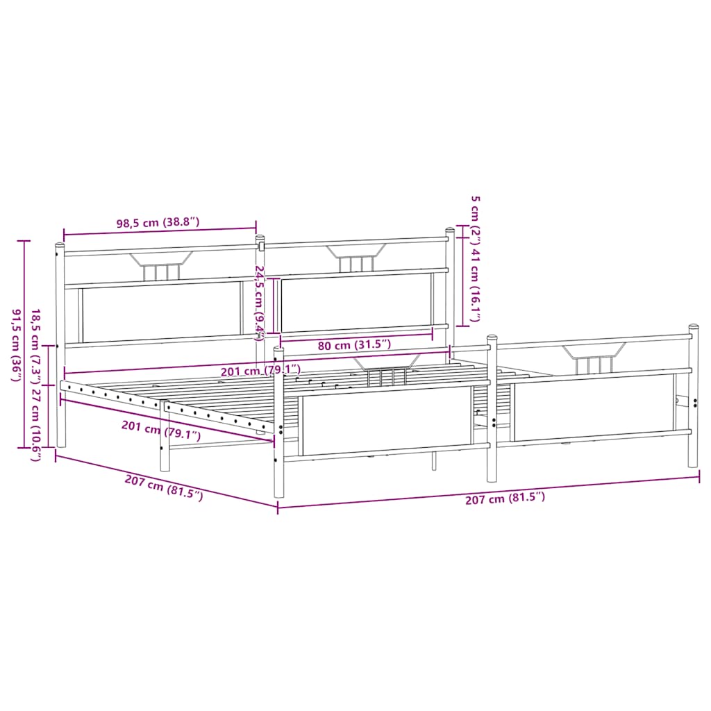 Sängram utan madrass metall brun ek 200x200 cm