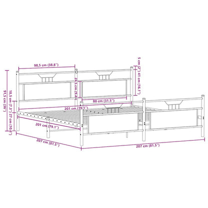 Sängram utan madrass metall brun ek 200x200 cm