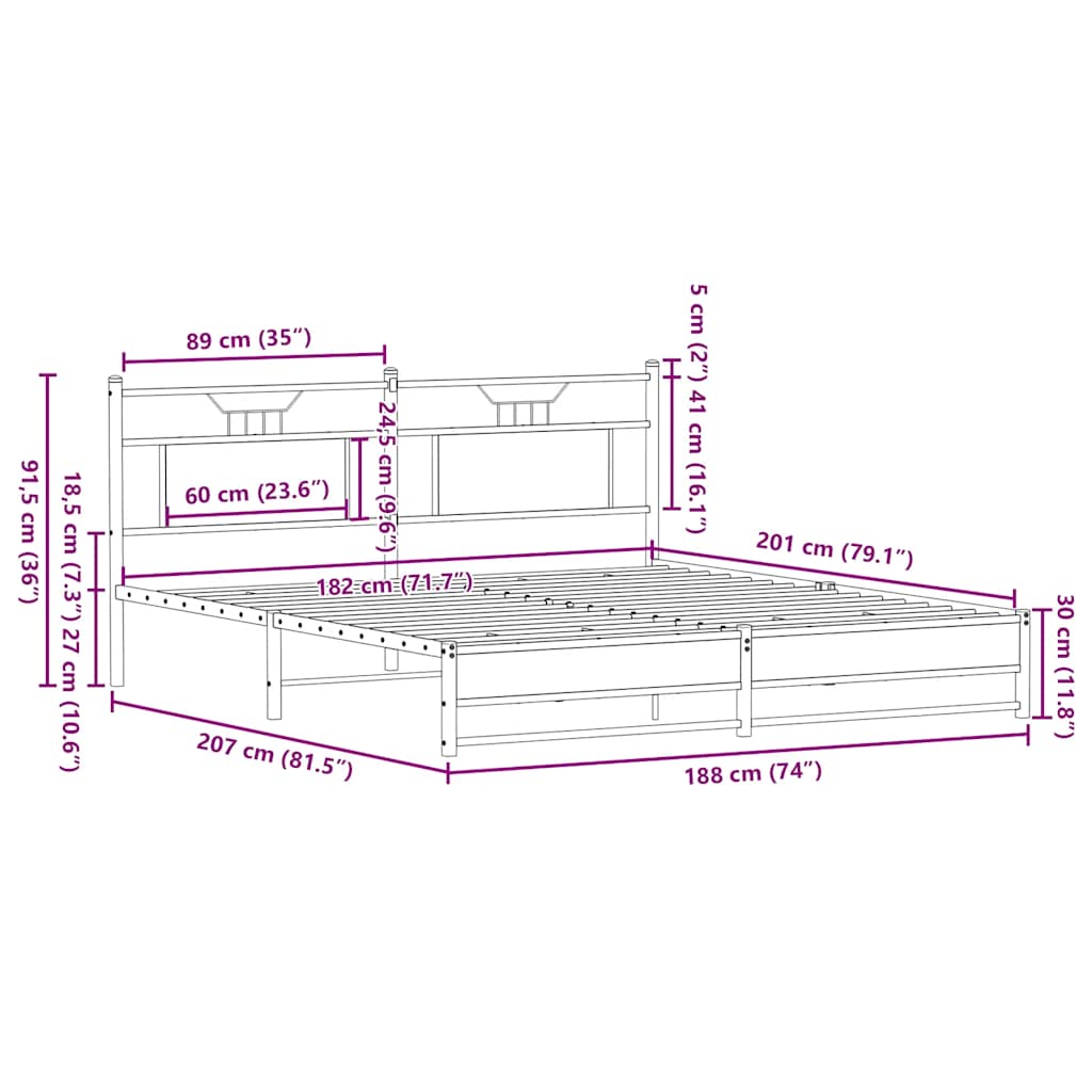 Sängram utan madrass metall rökfärgad ek 180x200 cm