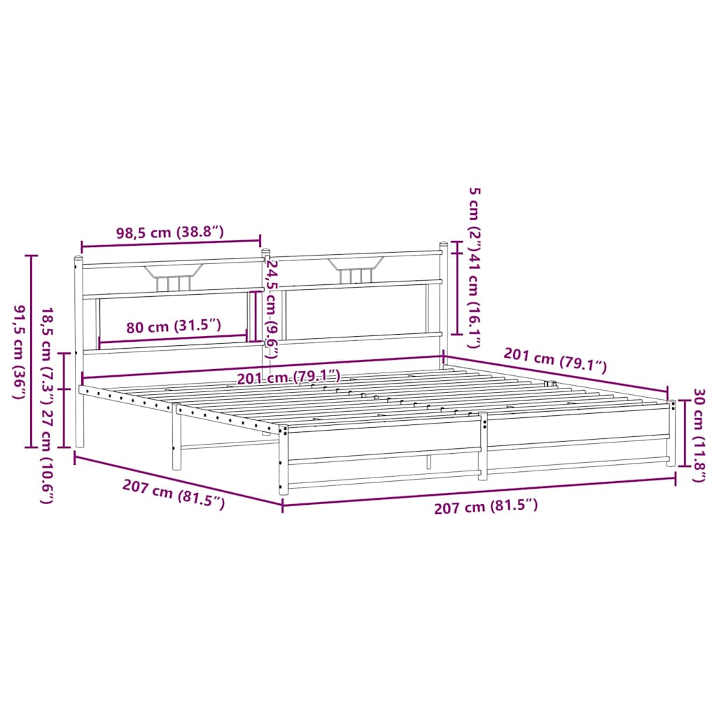 Sängram utan madrass metall rökfärgad ek 200x200 cm