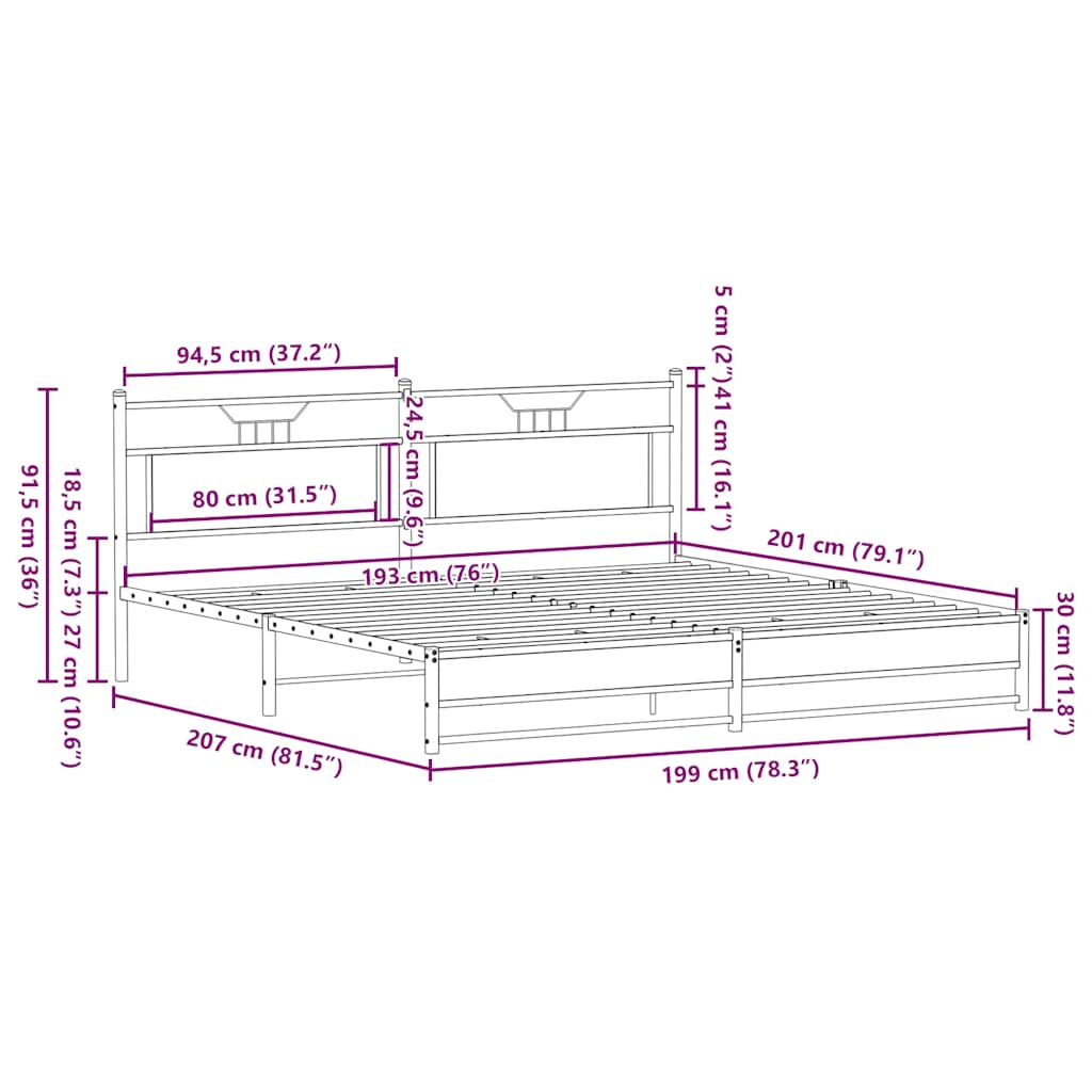 Sängram utan madrass metall sonoma-ek 193x203 cm