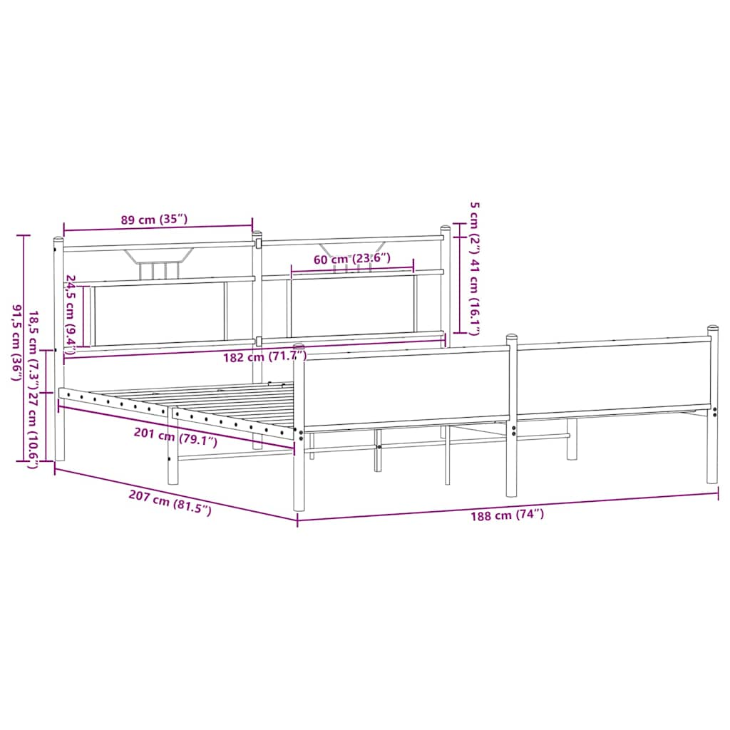 Sängram utan madrass metall sonoma-ek 180x200 cm