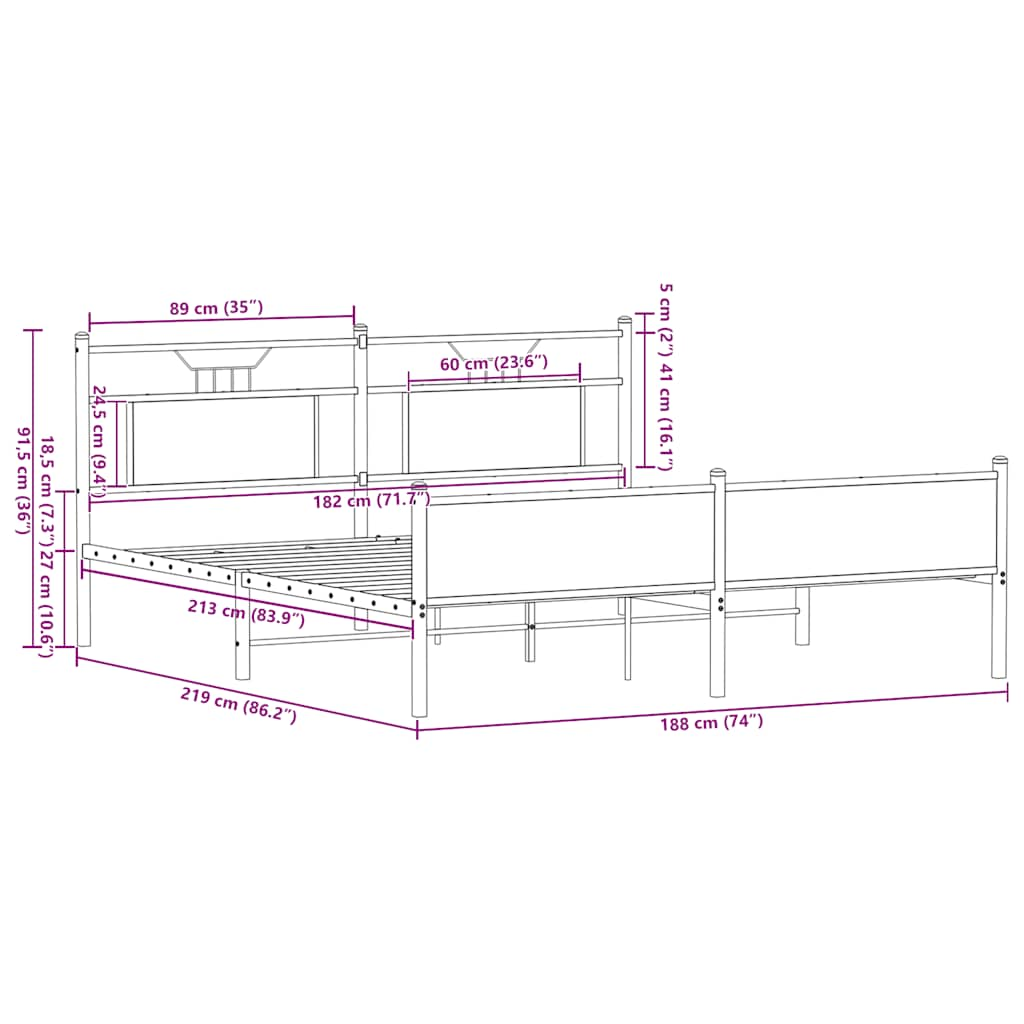 Sängram utan madrass metall sonoma-ek 183x213 cm