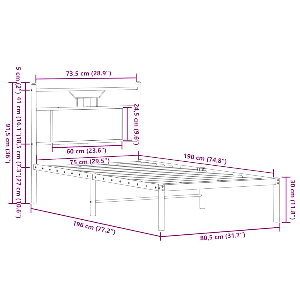 Sängram utan madrass rökfärgad ek 75x190 cm konstruerad trä