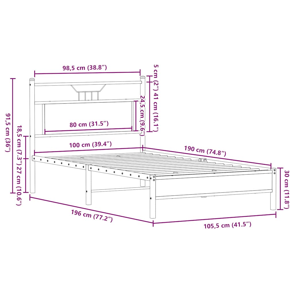 Sängram utan madrass rökfärgad ek 100x190 cm konstruerad trä