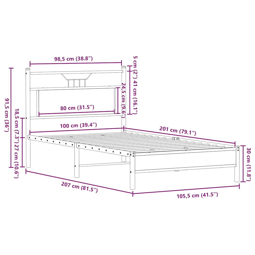 Sängram utan madrass rökfärgad ek 100x200 cm konstruerad trä