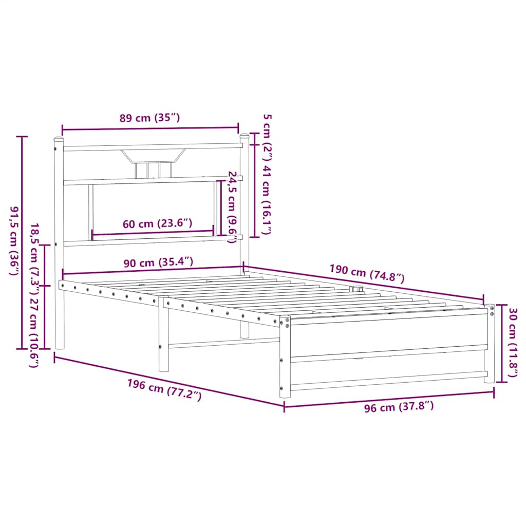 Sängram utan madrass rökfärgad ek 90x190 cm konstruerad trä