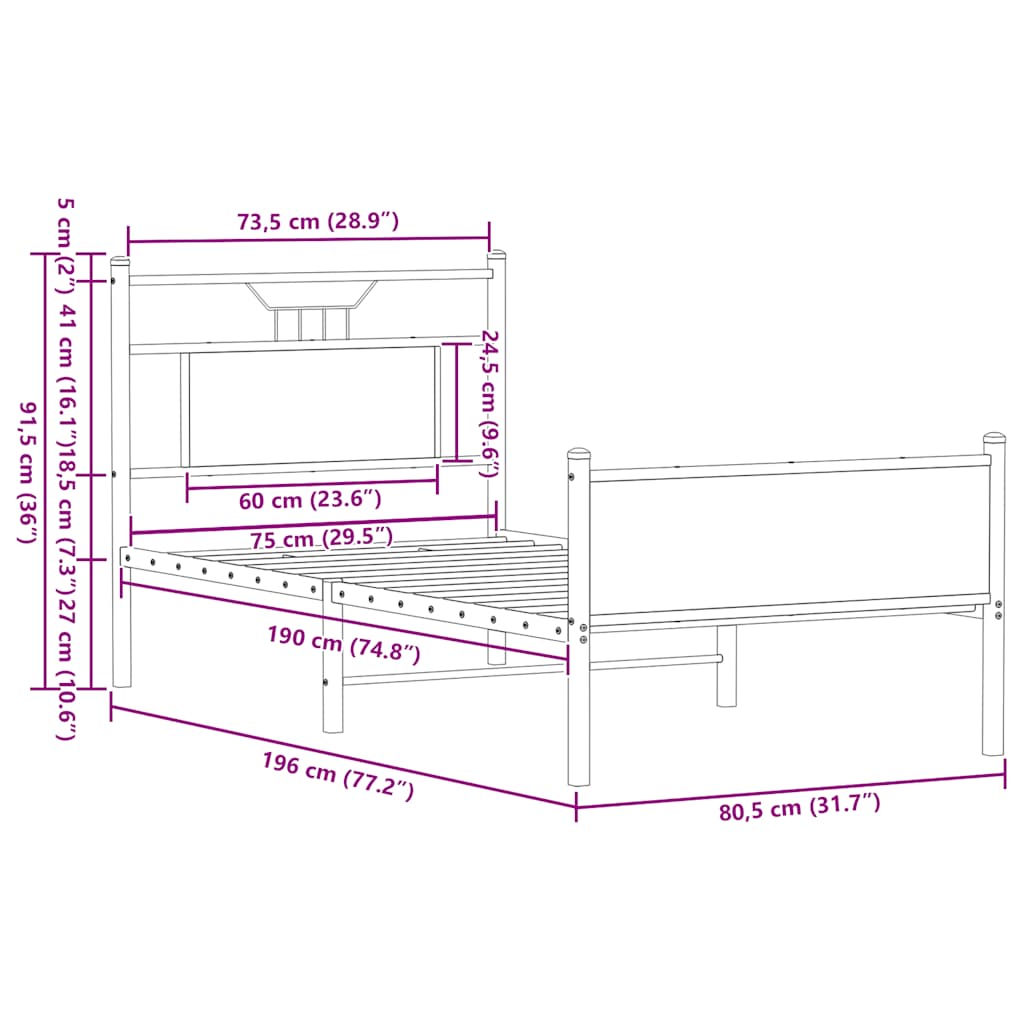 Sängram utan madrass rökfärgad ek 75x190 cm konstruerad trä