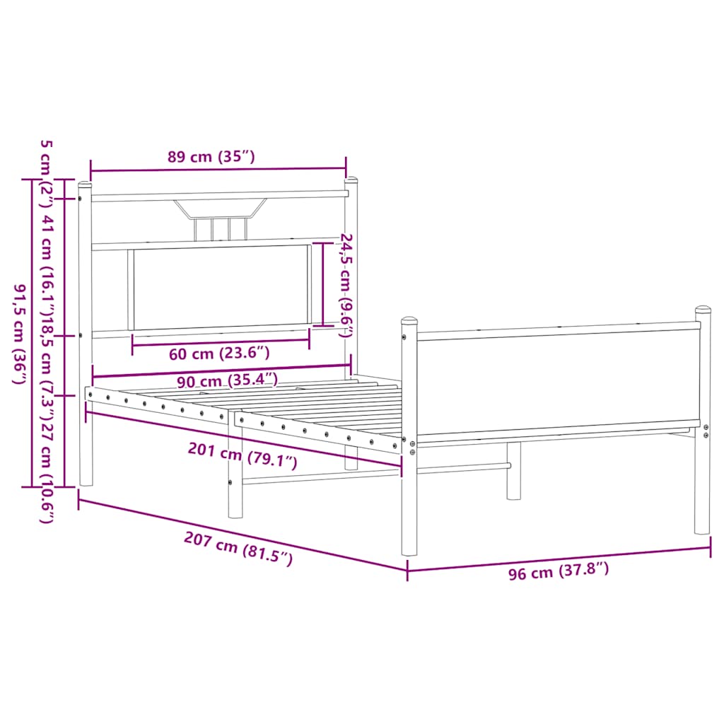 Sängram utan madrass rökfärgad ek 90x200 cm konstruerad trä