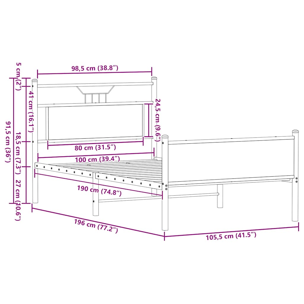 Sängram utan madrass rökfärgad ek 100x190 cm konstruerad trä