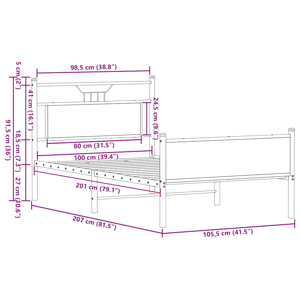 Sängram utan madrass rökfärgad ek 100x200 cm konstruerad trä