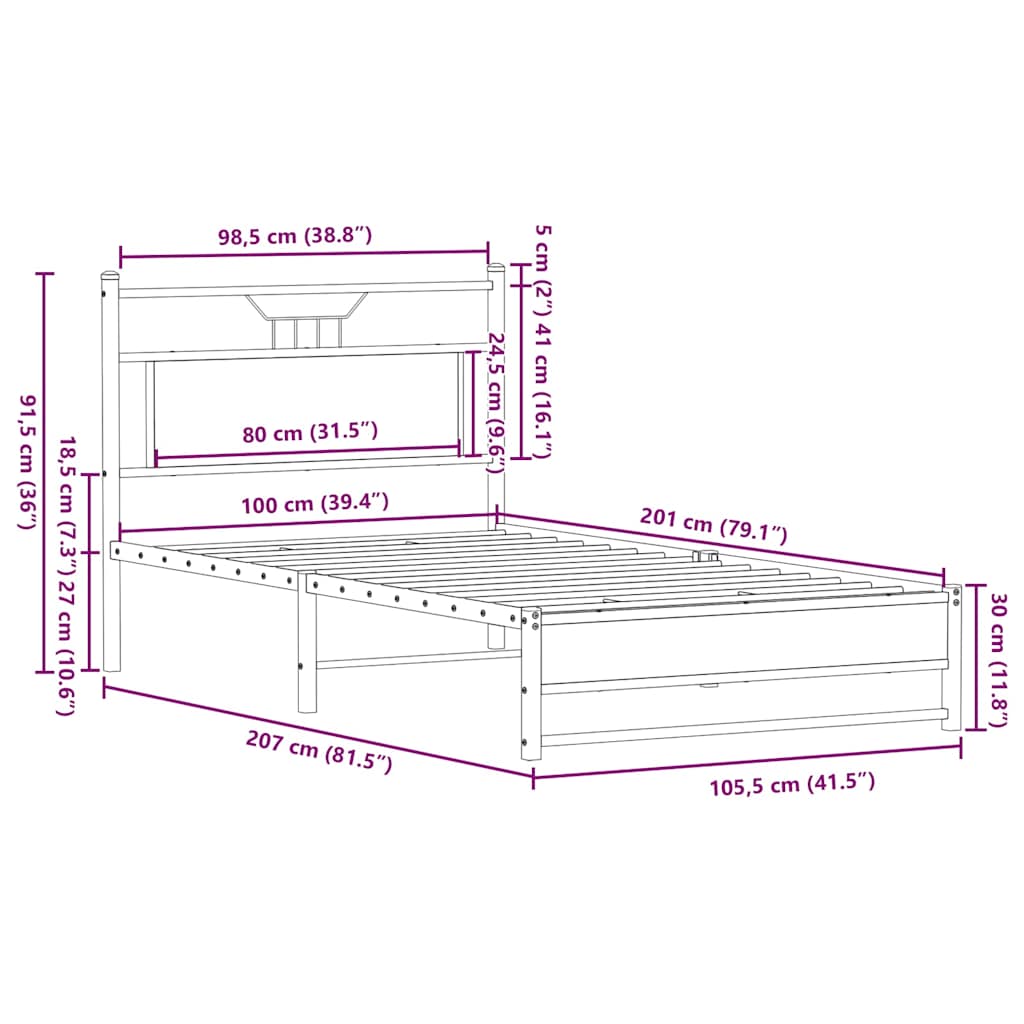 Sängram utan madrass sonoma-ek 100x200 cm konstruerad trä