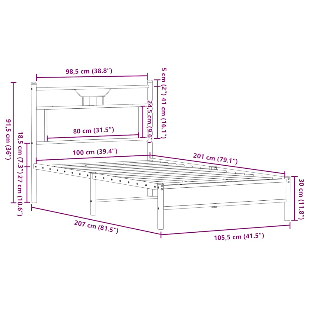 Sängram utan madrass brun ek 100x200 cm konstruerad trä