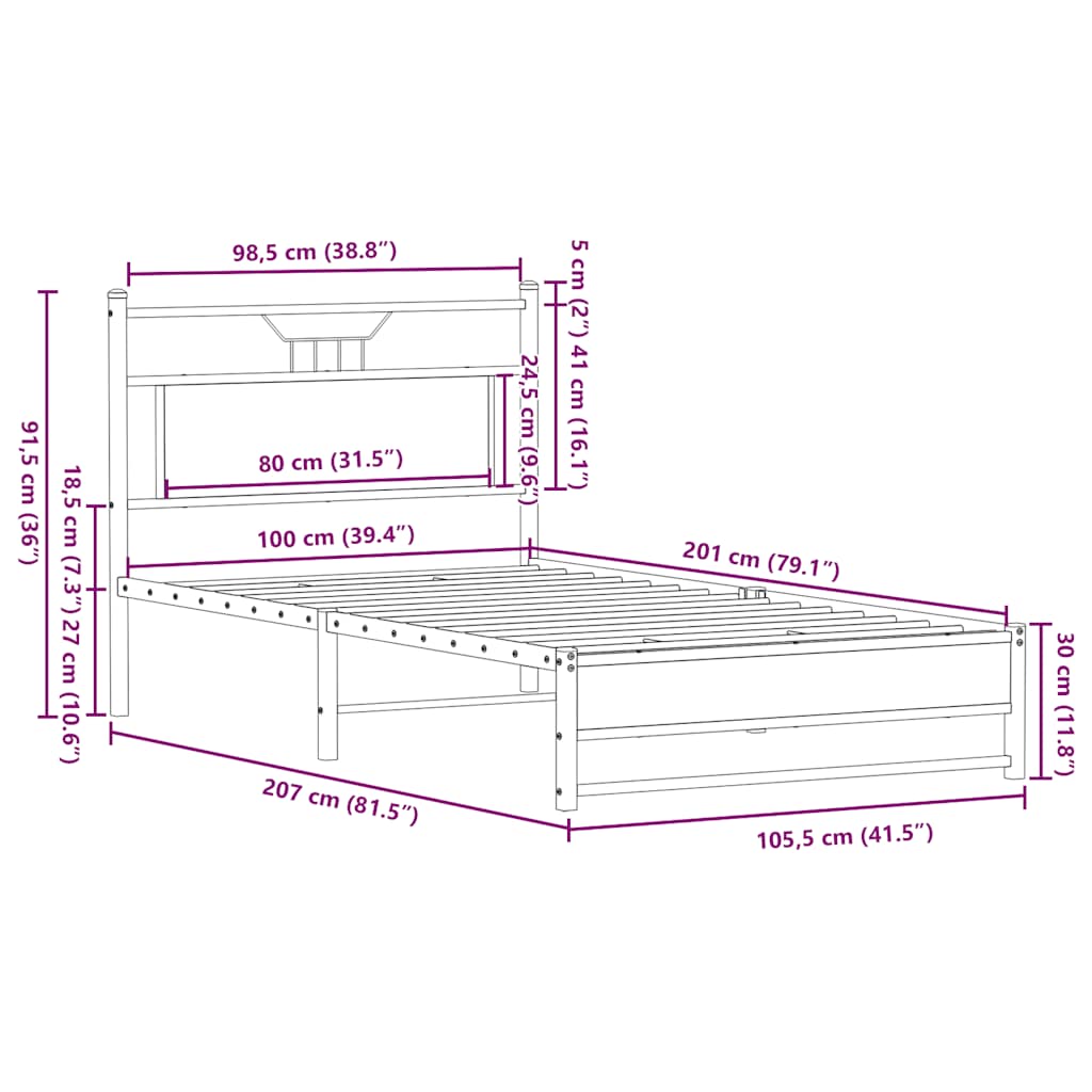 Sängram utan madrass brun ek 100x200 cm konstruerad trä