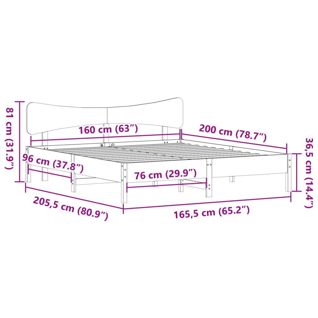 Sängram utan madrass 160x200 cm massiv furu