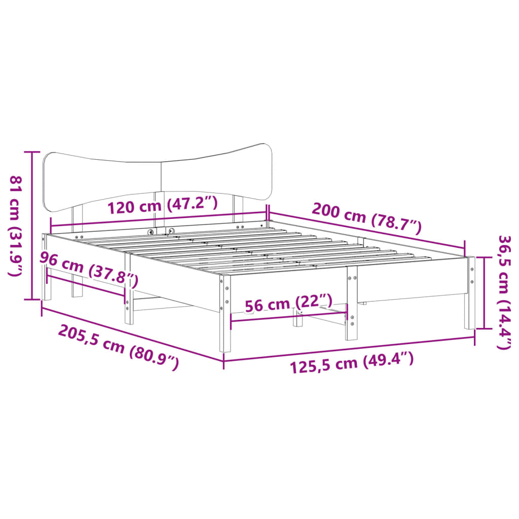 Sängram utan madrass vit 120x200 cm massiv furu