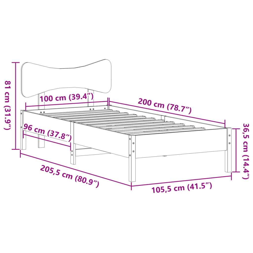 Sängram utan madrass vit 100x200 cm massiv furu