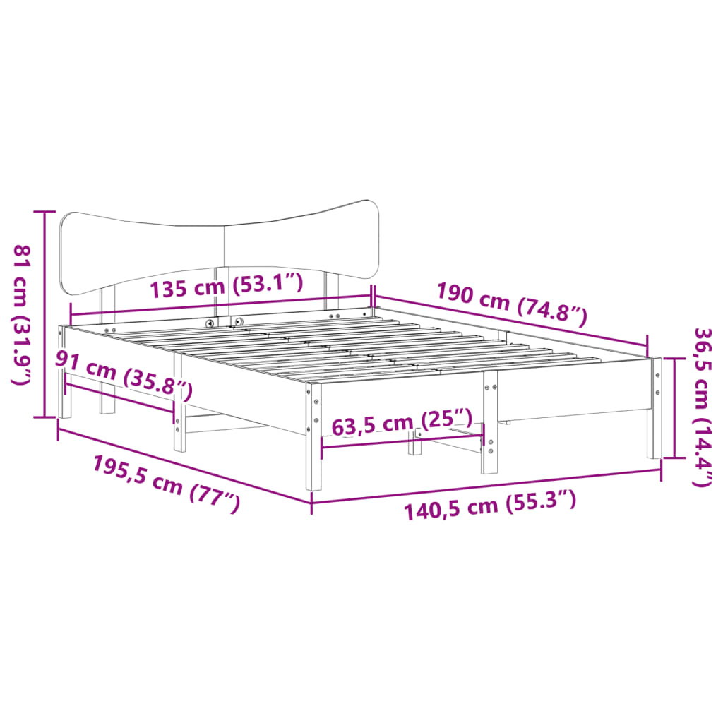 Sängram utan madrass 135x190 cm massiv furu