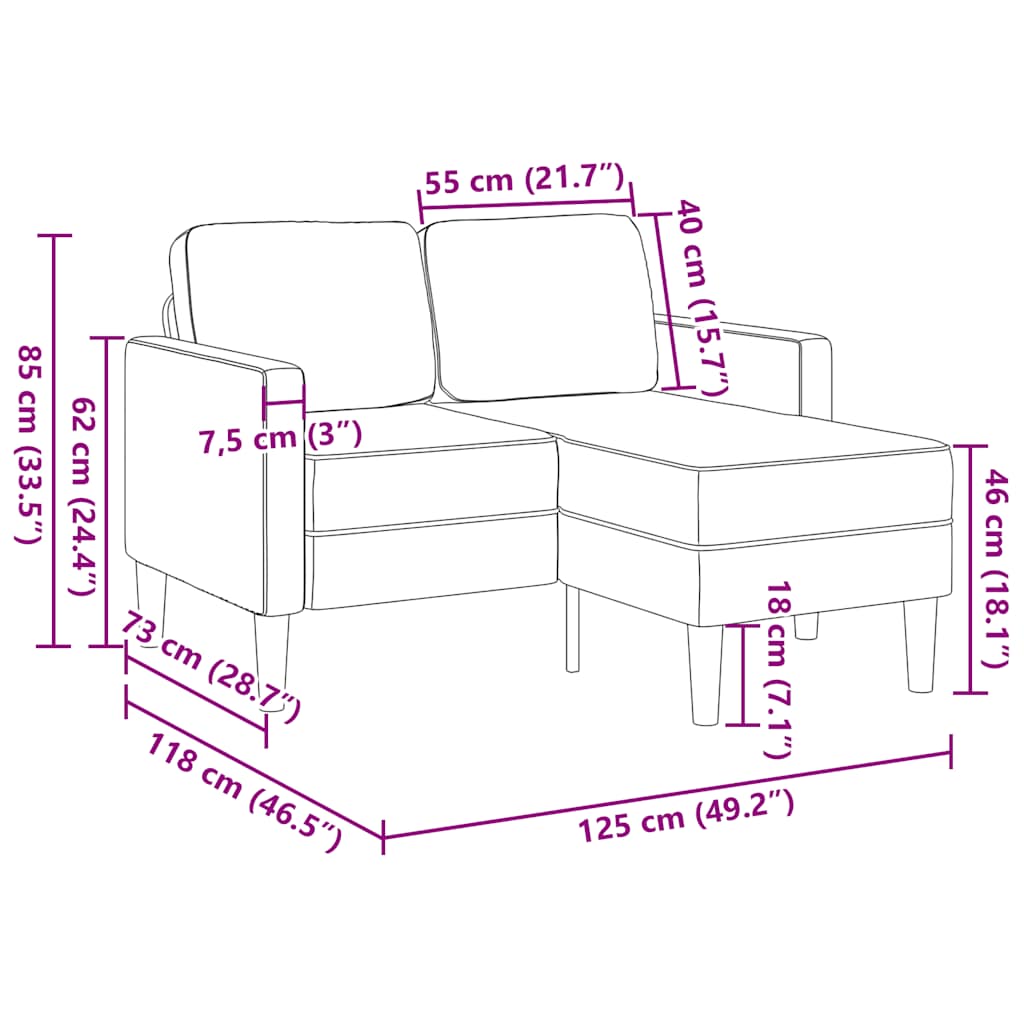 2-sitssoffa med schäslong L-formad molngrå 125 cm tyg