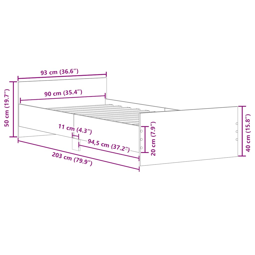 Sängram utan madrass gammalt trä 90x200cm konstruerat trä