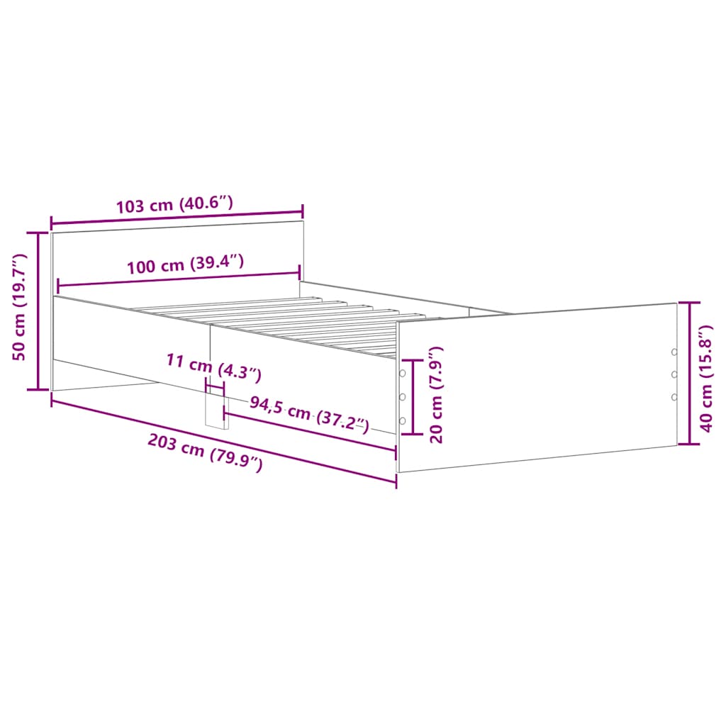 Sängram utan madrass gammalt trä 100x200cm konstruerat trä