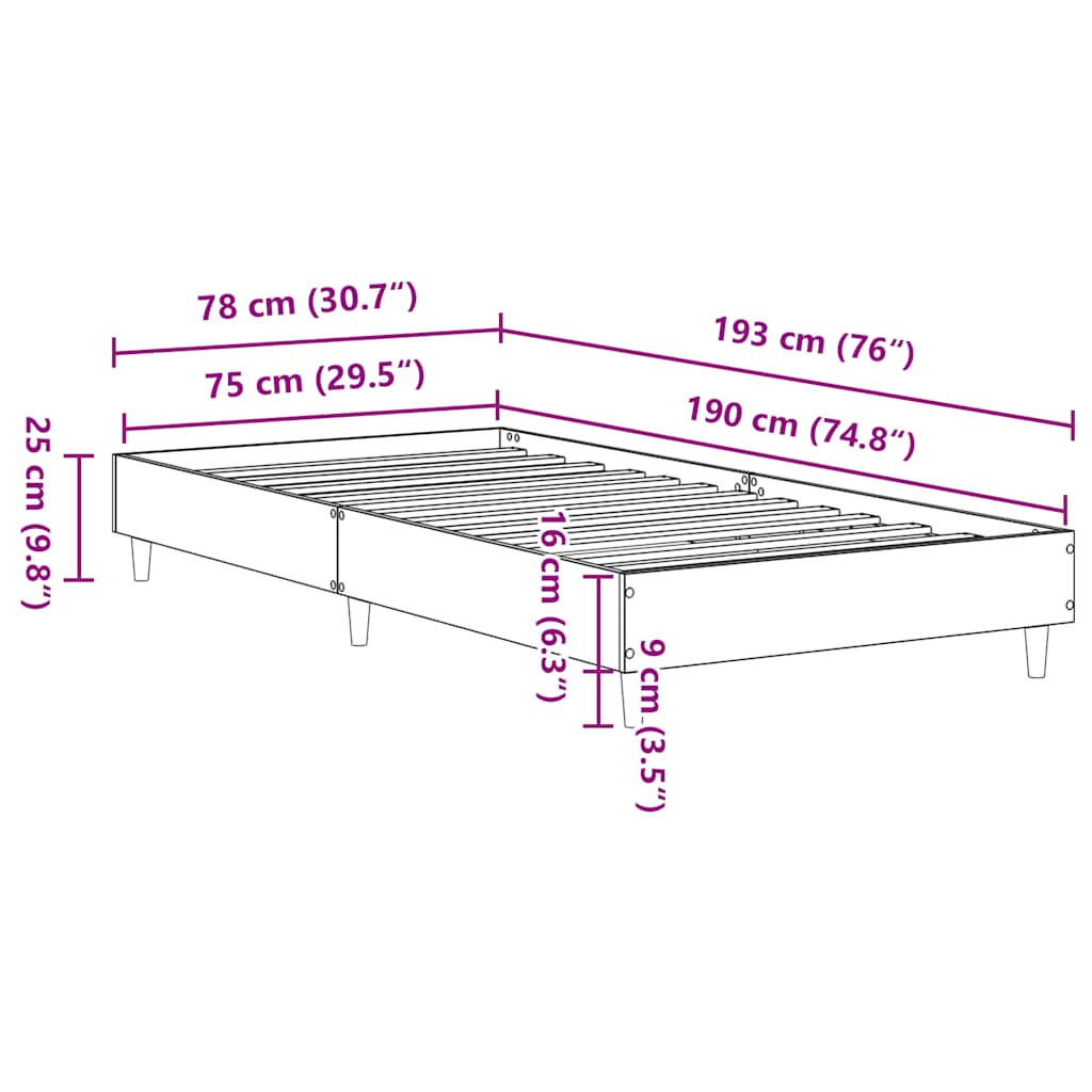 Sängram utan madrass vit 75x190 cm konstruerat trä