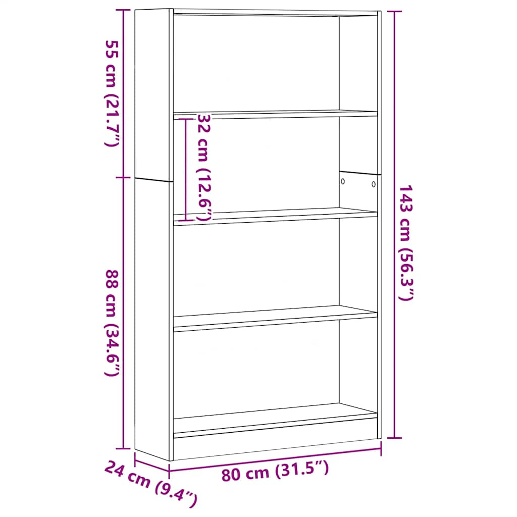 Bokhylla med 4 hyllor svart ek 80x24x143 cm konstruerat trä